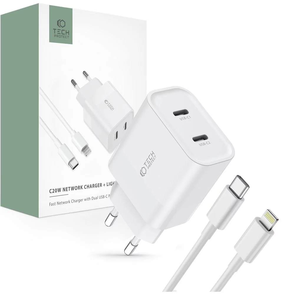 E-shop Nabíjačka TECH-PROTECT C20W 2-PORT NETWORK CHARGER PD20W + LIGHTNING CABLE WHITE (9319456607307)
