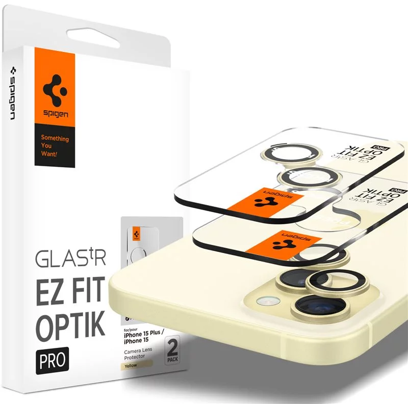 Ochranné sklo Spigen Glass tR EZ Fit Optik Pro 2 Pack, yellow - iPhone 15/15 Plus/14/14 Plus (AGL07168)