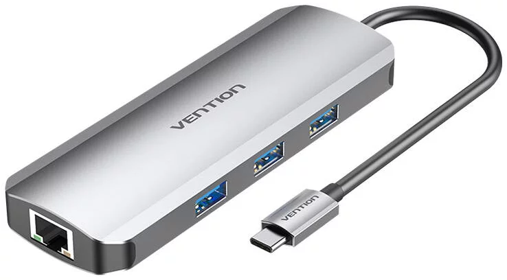 Levně USB Hub Vention USB-C Docking Station to HDMI, 3x USB3.0, RJ45, SD, TF, PD 0.15m TOKHB (gray)