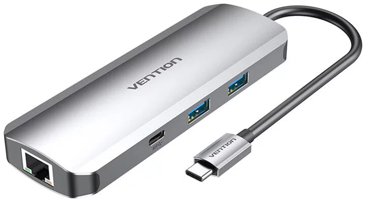 Levně USB Hub Vention USB-C Docking Station to HDMI, USB-C, 2x USB3.0, RJ45, SD, TF, TRRS 3.5mm, PD 0.15m TOMHB (gray)