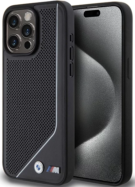 Levně Kryt BMW BMHMP15L23PUCPK iPhone 15 Pro 6.1" black hardcase Perforated Twisted Line MagSafe (BMHMP15L23PUCPK)