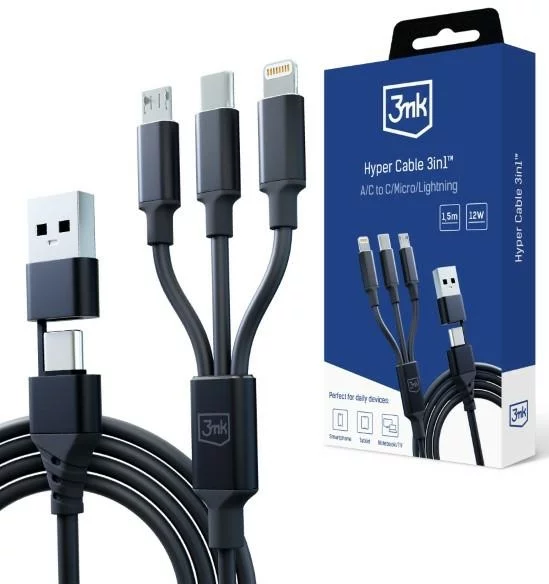 Kábel 3MK Hyper Cable 3in1 USB-A/USB-C - USB-C/Micro/Lightning 1.5m Black Cable
