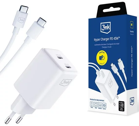 Nabíjačka 3MK Hyper Charger PD 45W charger network. white + 2x USB-C Cables