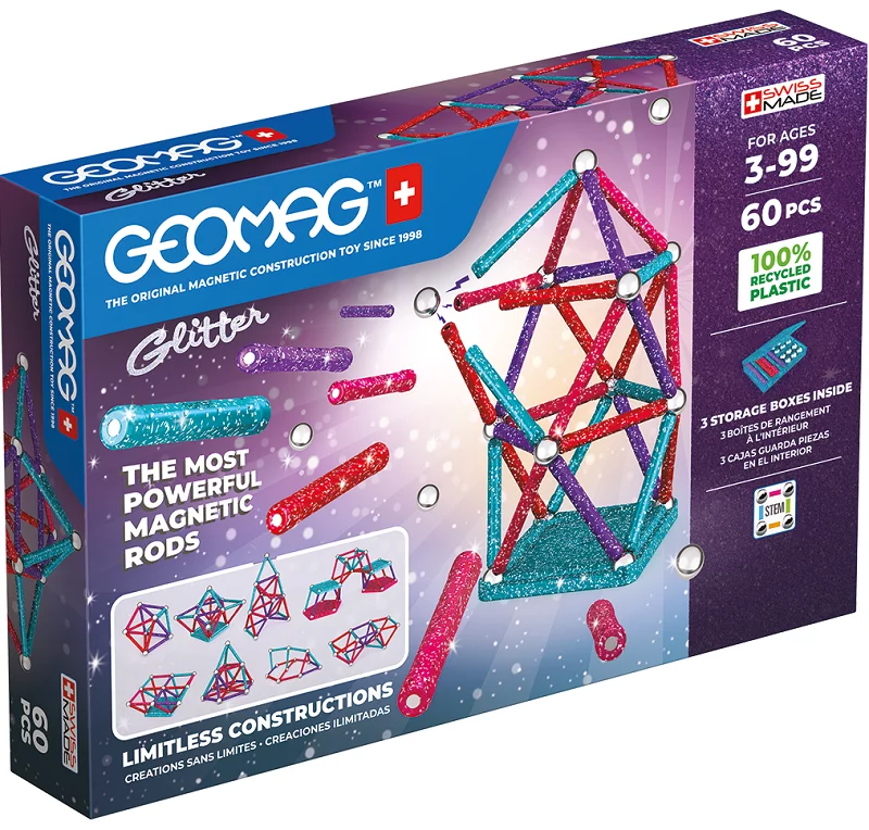 Hračka GEOMAG Glitter Recycled Magnetic Blocks 60 Pieces GEO-536G